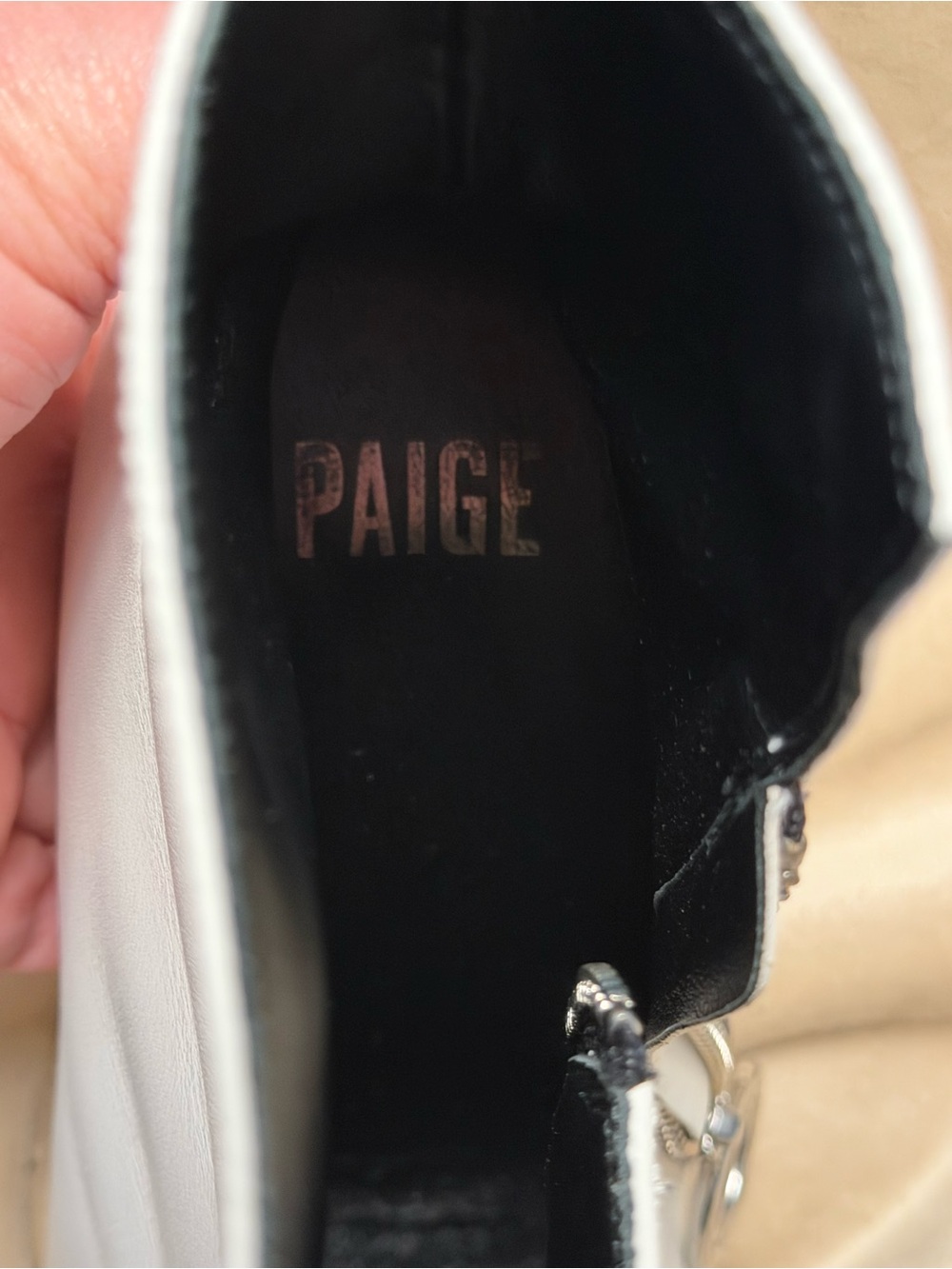 PAIGE White Leather “Katie” Pointed Ankle Zip Booties with Ring Pull - Picture 10 of 12